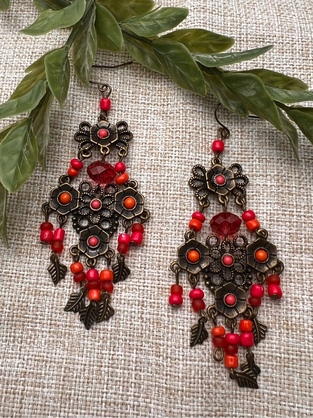 VINTAGE Bronze Boho Chandelier Dangly Earrings with Red Beads